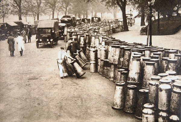 Milk churns being delivered to Hyde Park, London, during the General Strike, 8 May 1926. Artist: Unknown