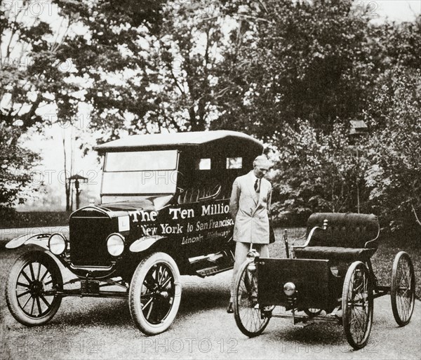 Henry Ford, American car manufacturer, with two of his cars, USA, 1924. Artist: Unknown