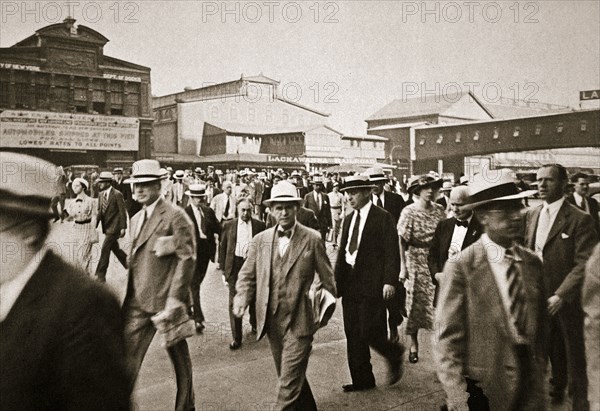 Commuters from New Jersey crossing West Street from the Hoboken ferry, New York, USA, early 1930s. Artist: Unknown