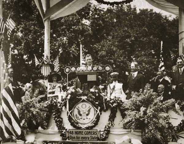 American aviator Charles Lindbergh addressing a crowd at the Washington Monument, USA, c1927. Artist: Unknown