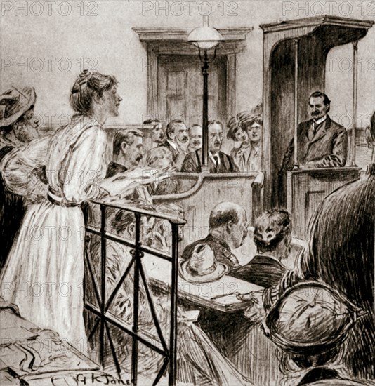 Christabel Pankhurst, British suffragette, questioning Herbert Gladstone in court, London 1909. Artist: GK Jones