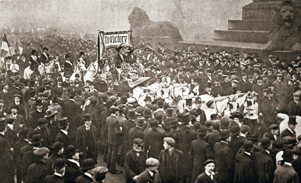 Procession to welcome the early release of suffragettes from prison on 19 December 1908. Artist: Unknown