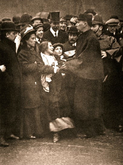 The arrest of suffragette Dora Marsden, 30 March 1909. Artist: Unknown