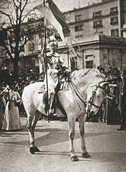 British suffragette Elsie Howey as Joan of Arc, London, 17 April 1909. Artist: Unknown