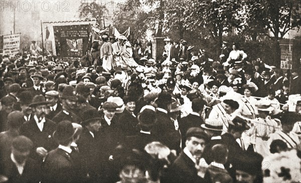 British suffragette Emmeline Pethick-Lawrence's release from prison, 17 April 1909. Creator: Unknown.