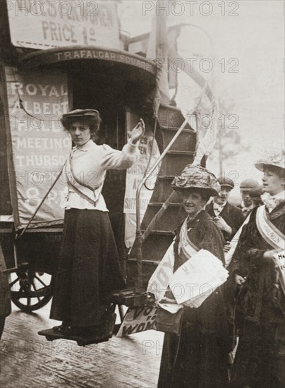 Barbara Ayrton, British suffragette, campaigning on the Votes for Women bus, October 1909. Artist: Unknown