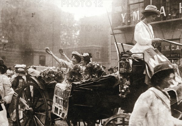 Two suffragettes celebrating their release from Holloway Prison, London, on 22 August 1908. Artist: Unknown