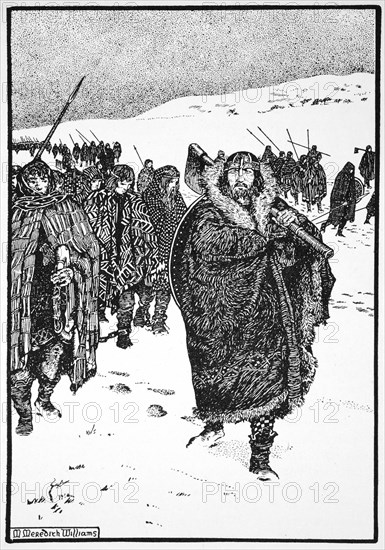 'Murtough on his journey with the King of Munster in fetters', 941 (1913). Artist: Morris Meredith Williams