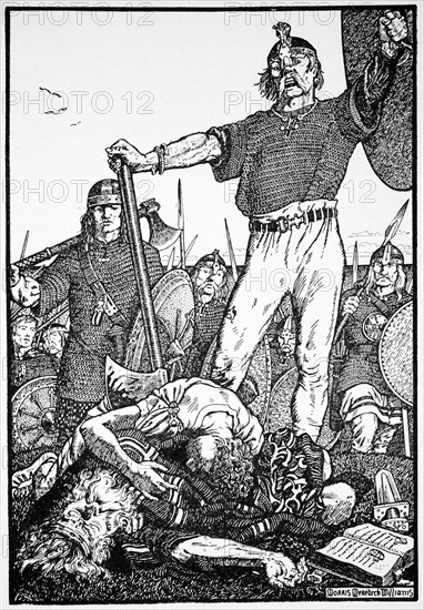 Death of Brian Boru at the Battle of Clontarf, Ireland, 1014 (1913).  Artist: Morris Meredith Williams