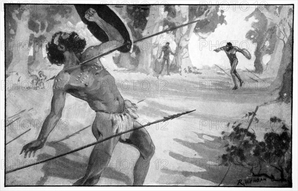 'Byama threw a spear with all his strength', 1923.  Artist: Raymond Wenban