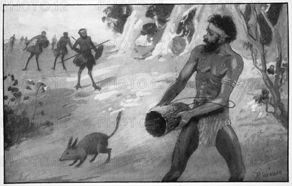 'When the strange-looking blackfellows were close to him, Yoonecara released the bandicoot', 1923. Artist: Raymond Wenban