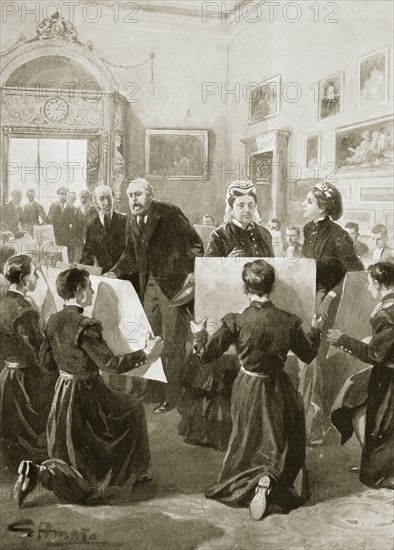 Bluecoat schoolboys showing their drawings to Queen Victoria, 3 April 1873 (1901). Artist: Unknown