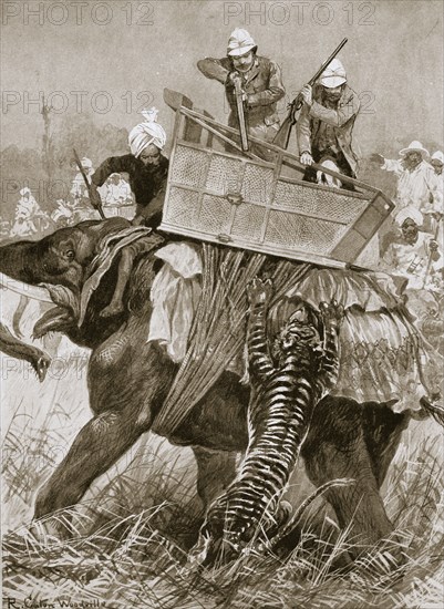 The Prince of Wales on a tiger hunt during his visit to India, 1876 (1901).  Artist: Richard Caton Woodville II