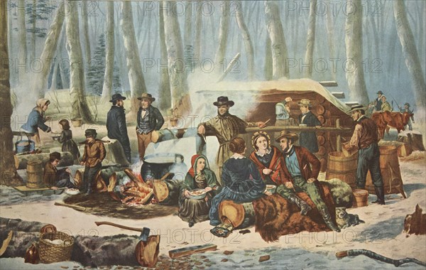 American Forest Scene - Maple Sugaring, pub. 1856, Currier & Ives  (Colour Lithograph)