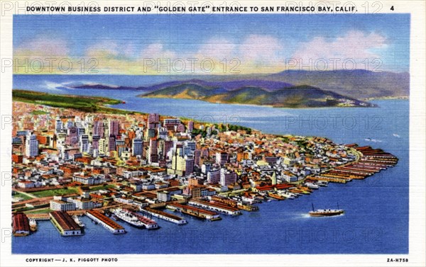 Downtown business district and 'Golden Gate' entrance to San Francisco Bay, California, USA, 1932. Artist: Unknown