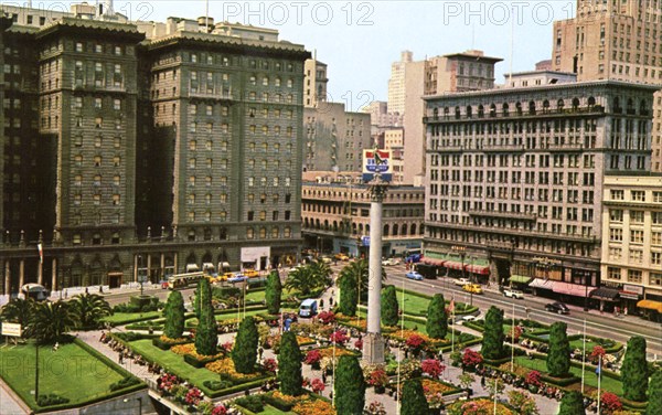 Union Square, showing the St Francis Hotel, San Francisco, California, USA, 1957. Artist: Unknown