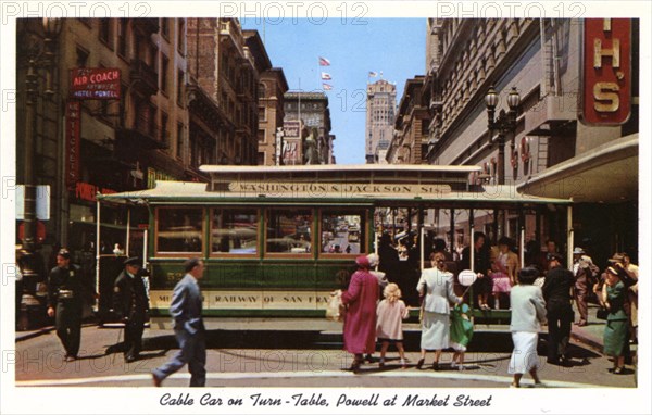 Cable car on a turntable, Powell at Market Street, San Francisco, California, USA, 1957. Artist: Unknown