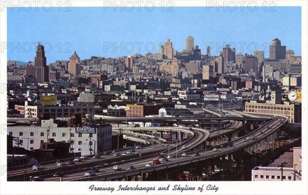 Freeway interchanges and skyline of San Francisco, California, USA, 1957. Artist: Unknown