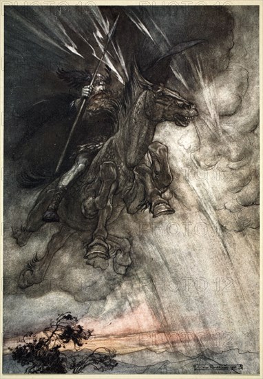 'Raging, Wotan Rides to the Rock! Like a Storm-wind he comes!', 1910.  Artist: Arthur Rackham