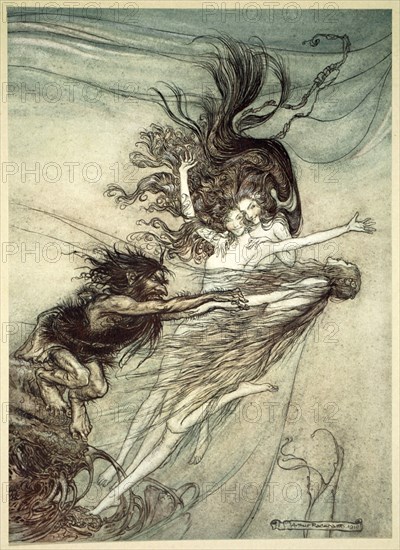 'The Rhinemaidens teasing Alberich', 1910.  Artist: Arthur Rackham