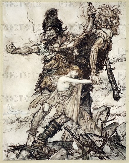 'Fasolt suddenly seizes Freia and drags her to one side with Fafner', 1910. Artist: Arthur Rackham
