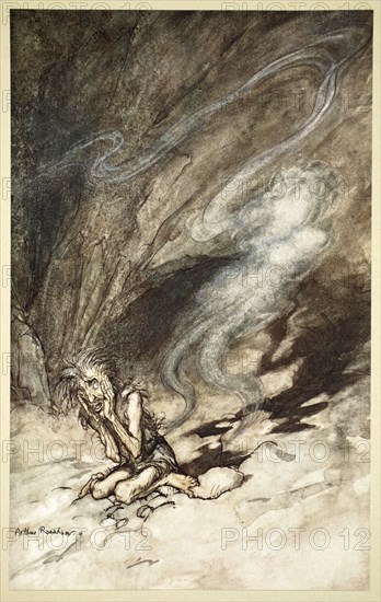 'Mime writhes under the lashes he receives', 1910.  Artist: Arthur Rackham