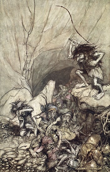 'Alberich drives in a band of Nibelungs with gold and silver treasures', 1910.  Artist: Arthur Rackham