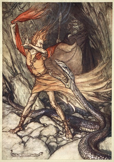 'Ohe! Ohe! Horrible dragon, O swallow me not! Spare the life of poor Loge!', 1910.  Artist: Arthur Rackham
