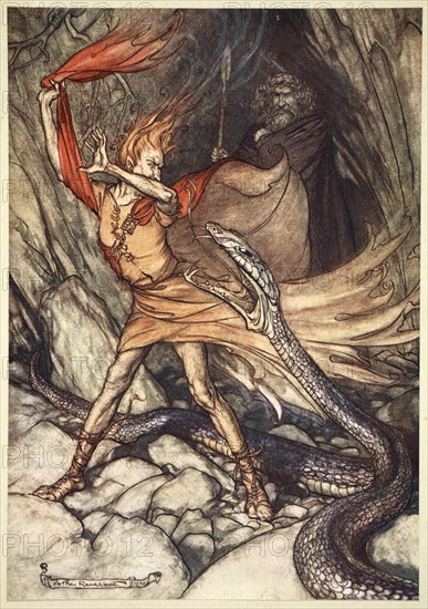 'Ohe! Ohe! Horrible dragon, O swallow me not! Spare the life of poor Loge!', 1910. Artist: Arthur Rackham