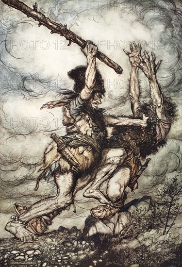 'Fafner kills Fasolt', 1910.  Artist: Arthur Rackham