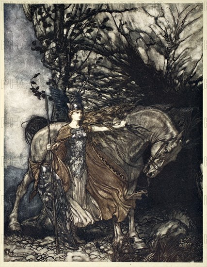 'Brunnhilde with her horse at the mouth of the cave', 1910. Artist: Arthur Rackham