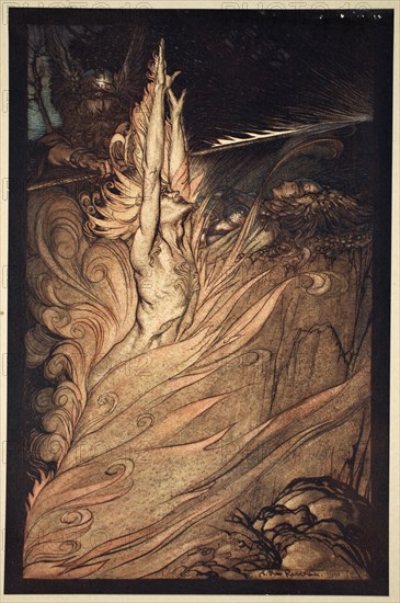 'Appear, flickering fire, Encircle the rock with thy flame! Loge! Loge! Appear!', 1910.  Artist: Arthur Rackham