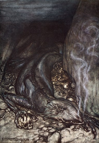 'In dragon's form Fafner now watches the hoard', 1924.  Artist: Arthur Rackham