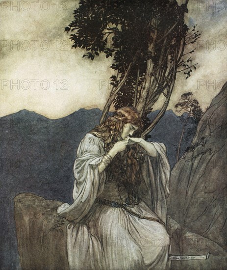 'Brunnhilde kisses the ring that Siegfried has left with her', 1924.  Artist: Arthur Rackham