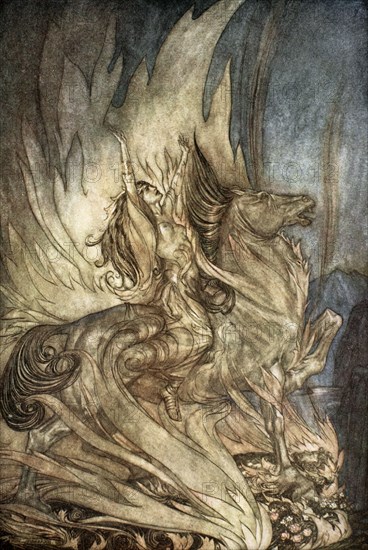 'Brunnhilde on Grane leaps on to the funeral pyre of Siegfried', 1924.  Artist: Arthur Rackham