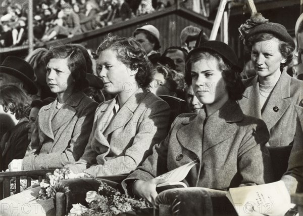 Princesses Desiree, Birgitta and Margaretha of Sweden at a dog show, Stockholm, 1950. Artist: Unknown