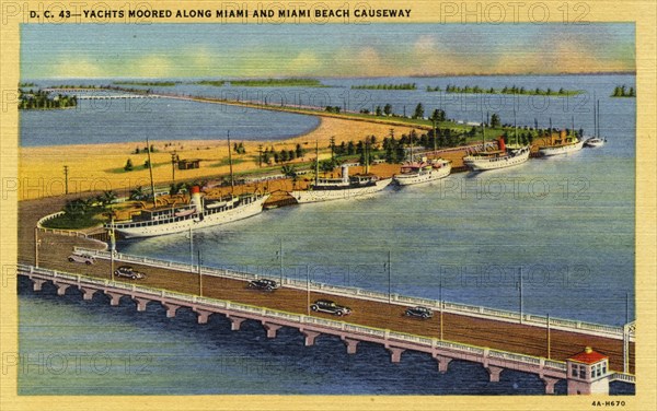 Yachts moored along the Miami and Miami Beach Causeway, Florida, USA, 1934. Artist: Unknown