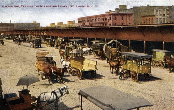 Unloading freight on the Mississippi levee, St Louis, Missouri, USA, 1911. Artist: Unknown