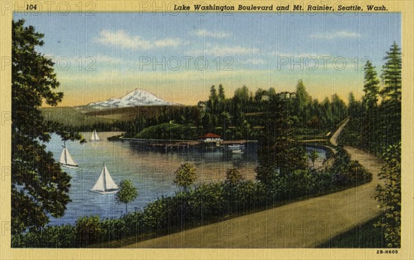 Lake Washington Boulevard and Mt. Rainier, Seattle, Washington, 1942. Artist: Unknown