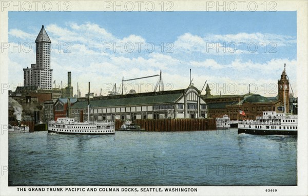 The Grand Trunk Pacific and Colman Docks, Seattle, Washington, USA, 1916. Artist: Unknown
