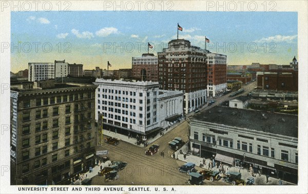 University Street and Third Avenue, Seattle, Washington, USA, 1916. Artist: Unknown