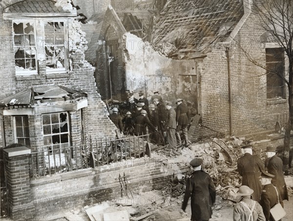 House damaged by a crashed RAF aircraft, Leytonstone, London, World War II, 11 February 1942. Artist: Unknown