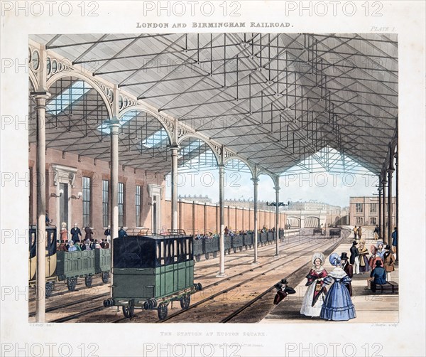 The Station at Euston Square, published 1837 (hand coloured engraving)