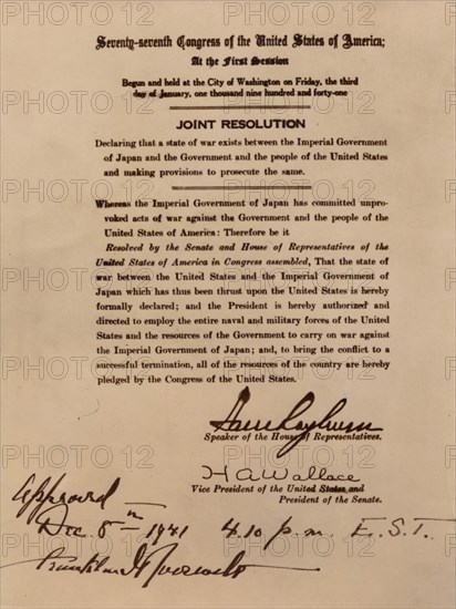 Declaration of war by the United States against Japan, 8 December 1941. Artist: Unknown