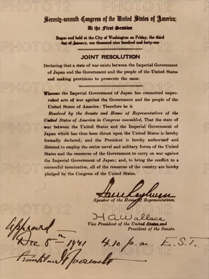 Declaration of war by the United States against Japan, 8 December 1941. Artist: Unknown