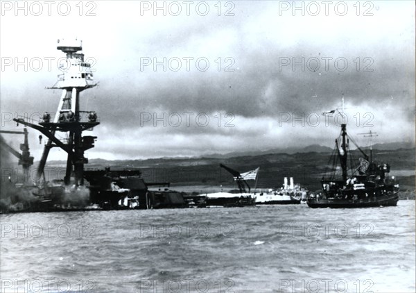 American battleship USS 'Arizona', Pearl Harbour, Hawaii, World War II, 7 December 1941. Artist: Unknown