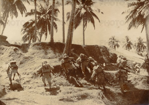 Japanese soldiers approaching Port Blair, Andaman Islands, World War II, 1942. Artist: Unknown