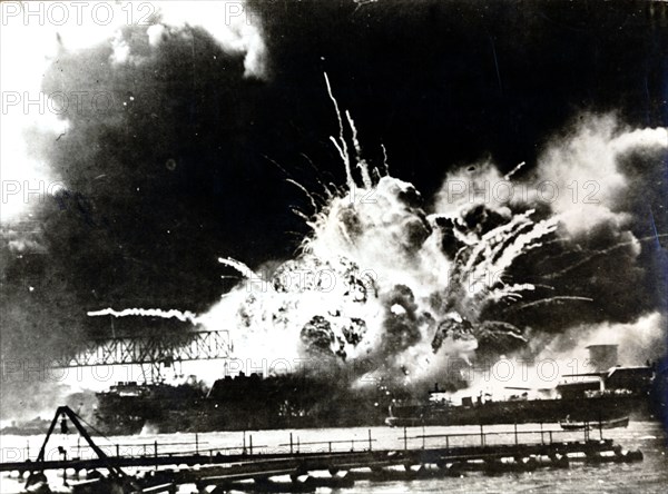 USS 'Shaw' exploding during the attack on Pearl Harbour, Hawaii, World War II, 7 December 1941. Artist: Unknown