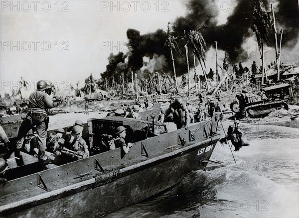 Australian troops landing on Balikpapan, 1945. Artist: Unknown