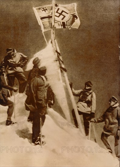German Wehrmacht plant a Nazi flag on the summit of Mount Elbrus. Artist: Unknown
